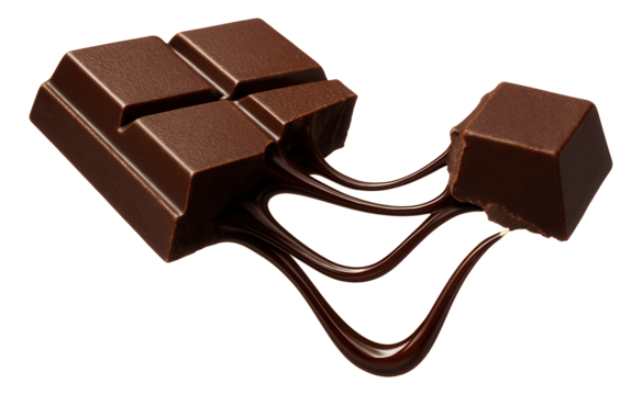 Chocolate strands connecting a broken piece of a chocolate bar.