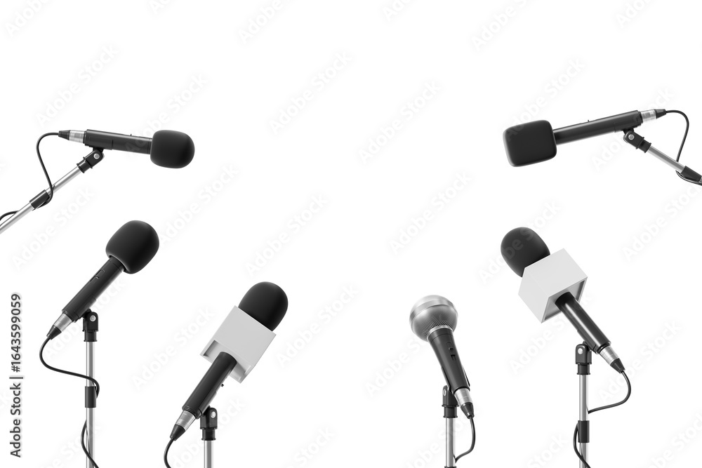 Poster set of microphones on stands positioned for a press conference or media interview, realistic style, 