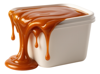 Caramel drizzle stretching over the edge of a plastic ice cream container.