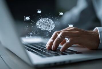 Close-up of a person's hand typing on a laptop keyboard with a digital network overlay representing technology and connectivity in a modern workspace