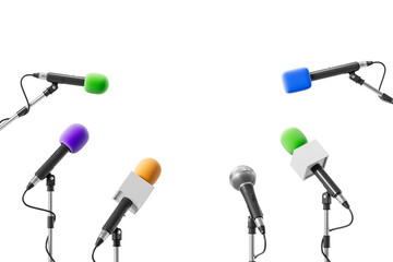 Several colorful microphones with foam covers on stands, 3D Rendering style, isolated on white background, concept of press conference or media interview