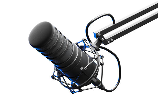 Studio microphone with shock mount and boom arm isolated on white background, realistic 3D Rendering, concept of broadcasting and recording