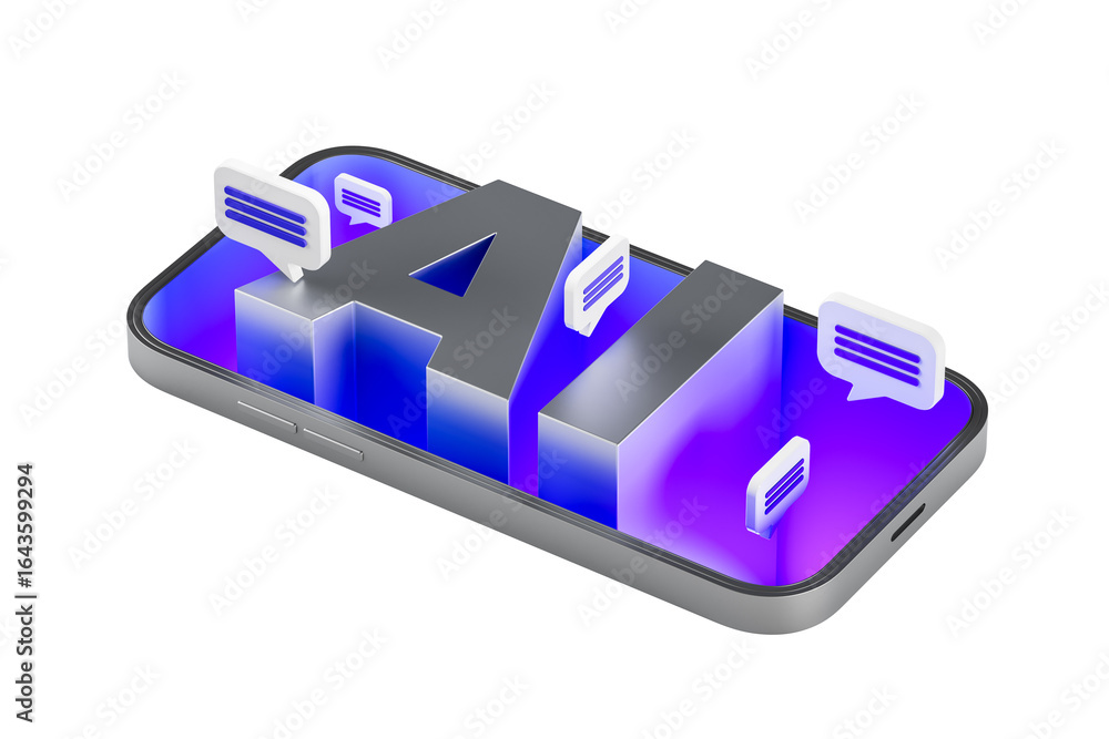 Poster large metallic ai letters rising from smartphone screen with floating chat bubbles, 3d rendering, is