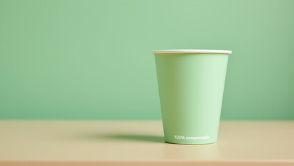 Compostable paper cup in light green with minimalist aesthetic for eco-friendly use. This sustainable product representing environmental consciousness is shown in a close-up view,copy space