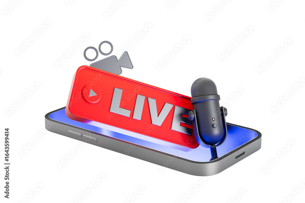 Poster 3d rendering of a live streaming symbol with red live sign, microphone, and video camera on a smartp