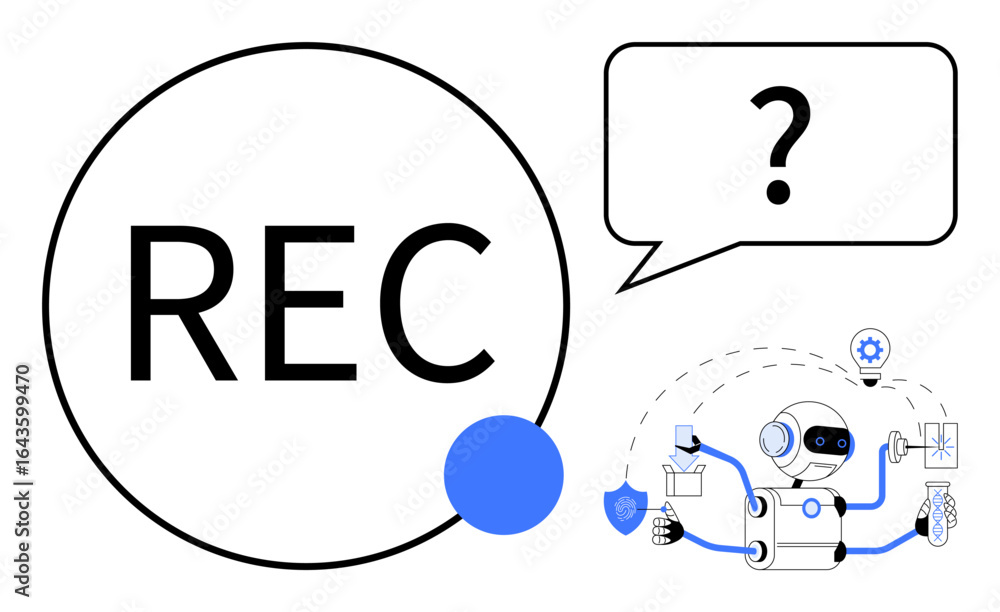 Poster recording indicator and talking robot juggling tasks, technology icons, shield. ideal for tech, ai, 