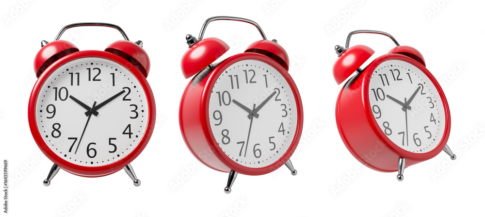 Poster red retro alarm clocks with twin bells isolated on white background, shown from various angles, clas