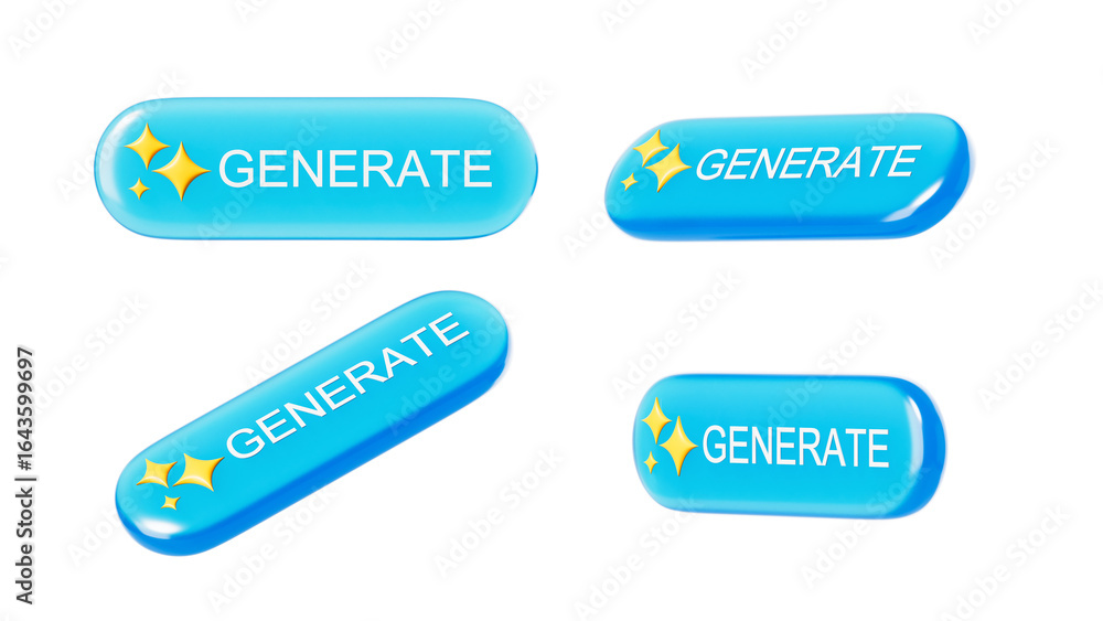 Poster shiny blue glossy buttons labeled generate with sparkles, rounded shapes, isolated on white backgrou