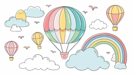 Wanddecoratie Luchtballon Vector art of playful drawing of hot air balloons and rainbows with clouds and birds, isolated on white background  © Design one