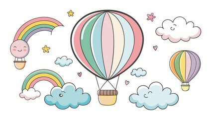 Vector art of whimsical hot air balloon and rainbow collection with cute smiling clouds, isolated on white background, ideal for kids designs