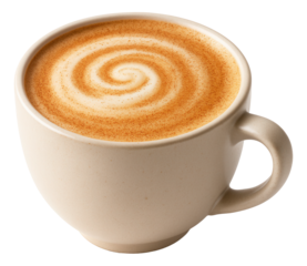 A chai latte in a ceramic cup, featuring a spiral of frothy milk dusted with cinnamon.