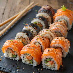 Assorted Fresh Sushi Rolls with Salmon and Seaweed on Slate Plate