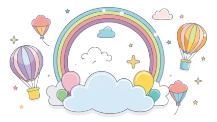 Wanddecoratie Luchtballon Vector art of cute pastel rainbow with hot air balloons and clouds, isolated on white background  © Design one