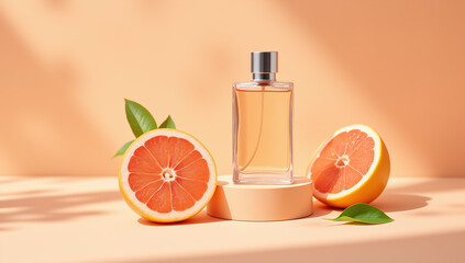 Citrus perfume bottle mockup with fresh grapefruit in a clean, product style, in peach and orange colors, representing summery fragrances, beauty products, and fresh cosmetic scents,copy space