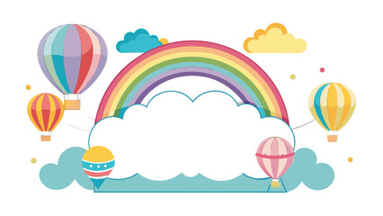 Vector art of hot air balloons flying under a vibrant rainbow and fluffy clouds in a bright sky, symbolizing adventure and travel isolated on white background