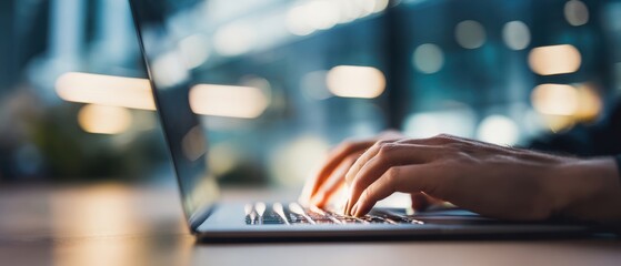 The hands of a person typing on a laptop in a modern workspace at night.