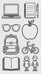 Collection of school-themed black line icons set showing laptop, notebook, pen, glasses, apple, backpack, bicycle, book, and student figures. Simple vector illustration for education projects.