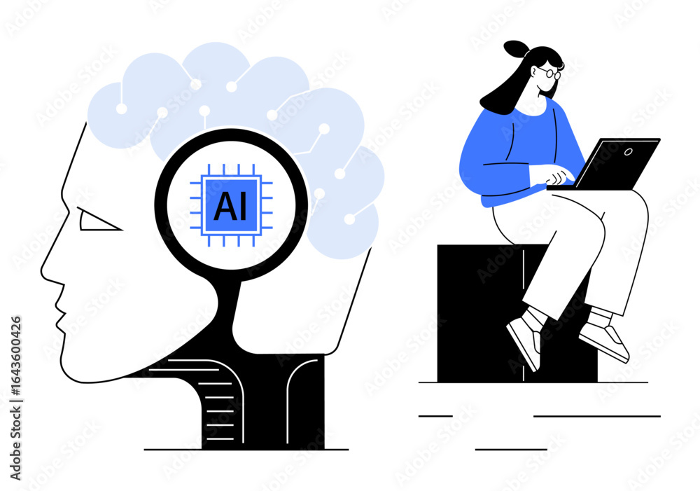 Poster human brain profile with ai chip and circuit connections. woman developer using laptop. ideal for ai