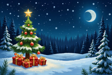 Christmas Tree And Gift Boxes On Snow In Night With Shiny Star and Forest - Winter Abstract Landscape