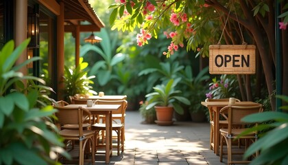 A charming outdoor cafe with bamboo tables and chairs, situated in a tropical garden. The cafe sign, made of woven straw, indicates it's open on a breezy spring morning. An inviting cafe setting with 