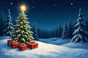 Obraz premium Christmas Tree And Gift Boxes On Snow In Night With Shiny Star and Forest - Winter Abstract Landscape
