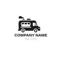 Obraz premium Black Food Truck Silhouette Logo: Street Food Vendor or Catering Service Icon, Representing Mobile Restaurant, Takeout, Fast Food, or Quick Lunch Service Business