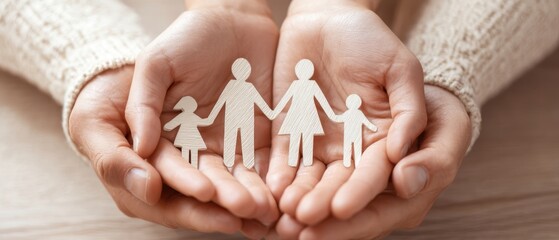 The hands holding a wooden family symbolizing love and togetherness.
