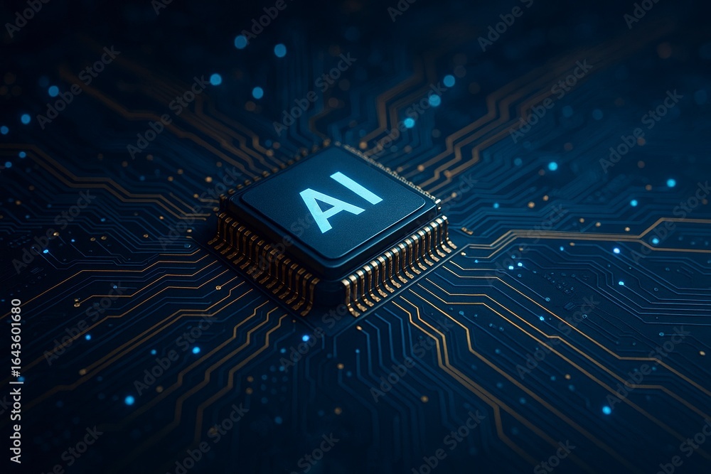 Fototapete futuristic artificial intelligence microchip glowing on a computer circuit board, symbolizing advanc