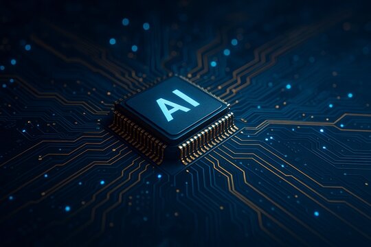Futuristic Artificial Intelligence microchip glowing on a computer circuit board, symbolizing advanced technology and data processing.