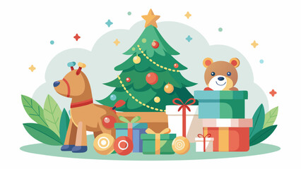 Fototapeta premium Vector art of festive christmas scene with a decorated tree, presents, a reindeer, and a teddy bear, evoking holiday cheer and winter celebration