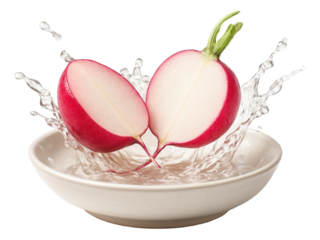 A halved radish lands in a ceramic dish, causing a cascade of water droplets.