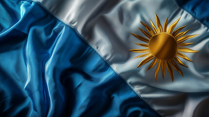 Argentinian flag with golden sun emblem on textured fabric for national pride concept