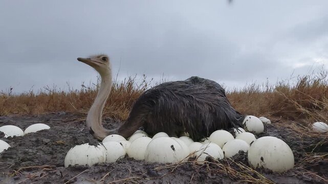 Low wide angle of a Common Ostrich (Struthio camelus) sitting on a clutch of eggs in dry savannah grassland in the afternoon in Kenya