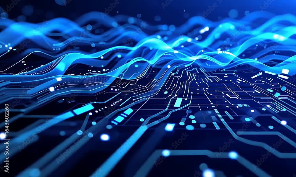 Poster abstract blue circuit board design displaying digital data and network connections with glowing line