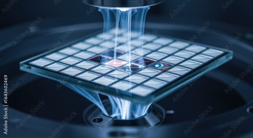 Poster macro image capturing thinfilm buildup on microshutter smartglass array surfaces during evaporation 