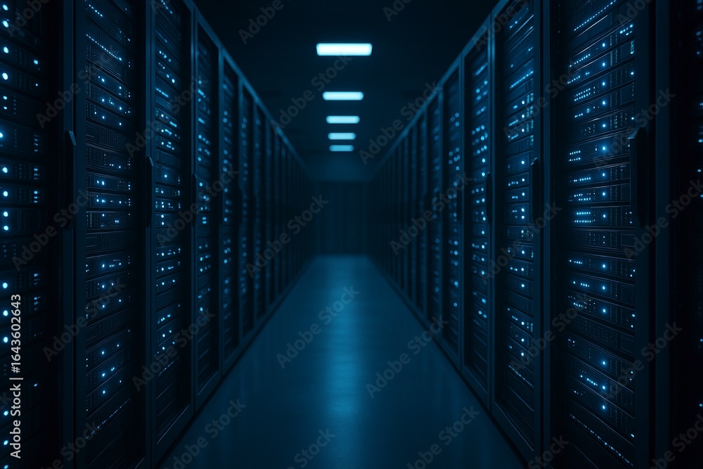 Poster perspective view down a dark server room aisle with glowing blue lights on network racks. modern dat