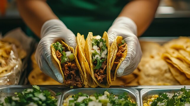 A tacos in her hands with gloves in a tacos restaurant