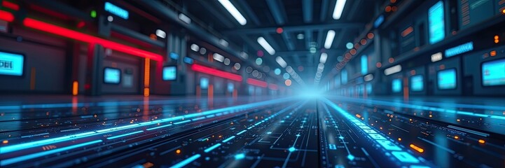 Futuristic tunnel with glowing technology displays.