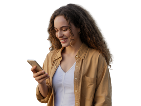 Young woman with long curly brown hair smiles while looking at isolated on white transparent background png jpg business people clipping path cutout 2025 2026 4k full hd poster banner label download