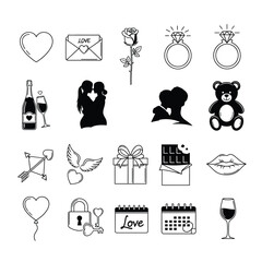 Collection of romantic symbols and icons representing love, romance, and relationships