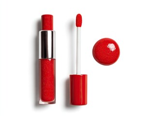 A vibrant red lip gloss tube, applicator wand, and a glossy swatch displayed against a stark white background.  The gloss has a translucent, shimmering quality
