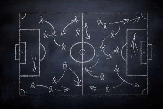 A creative, illustrative chalkboard scene depicting football formations with player movements marked by arrows, showcasing strategic planning.