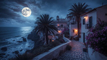 Dreamlike Coastal Village Nightscape with Full Moon Over Calm Ocean Landscape
