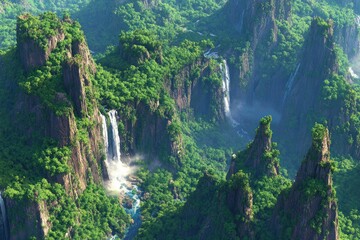 Lush rainforest valley with cascading waterfalls. Steep, rocky mountainsides covered in vibrant green foliage