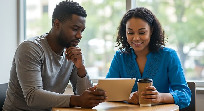 A professional woman and man meeting over coffee to discuss work.