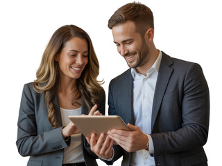 Man and woman smiling looking at tablet computer isolated on white transparent background png jpg business people clipping path cutout 2025 2026 4k full hd poster banner label download