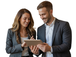 Man and woman smiling looking at tablet computer isolated on white transparent background png jpg business people clipping path cutout 2025 2026 4k full hd poster banner label download