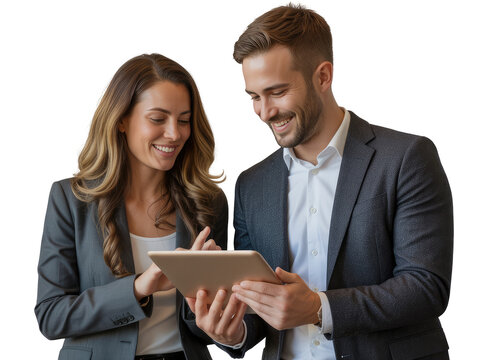 Man and woman smiling looking at tablet computer isolated on white transparent background png jpg business people clipping path cutout 2025 2026 4k full hd poster banner label download