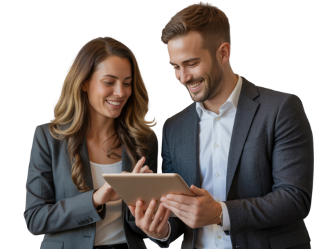 Man and woman smiling looking at tablet computer isolated on white transparent background png jpg business people clipping path cutout 2025 2026 4k full hd poster banner label download