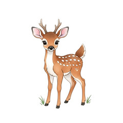 Fototapeta premium Cute cartoon fawn with white spots and antlers deer